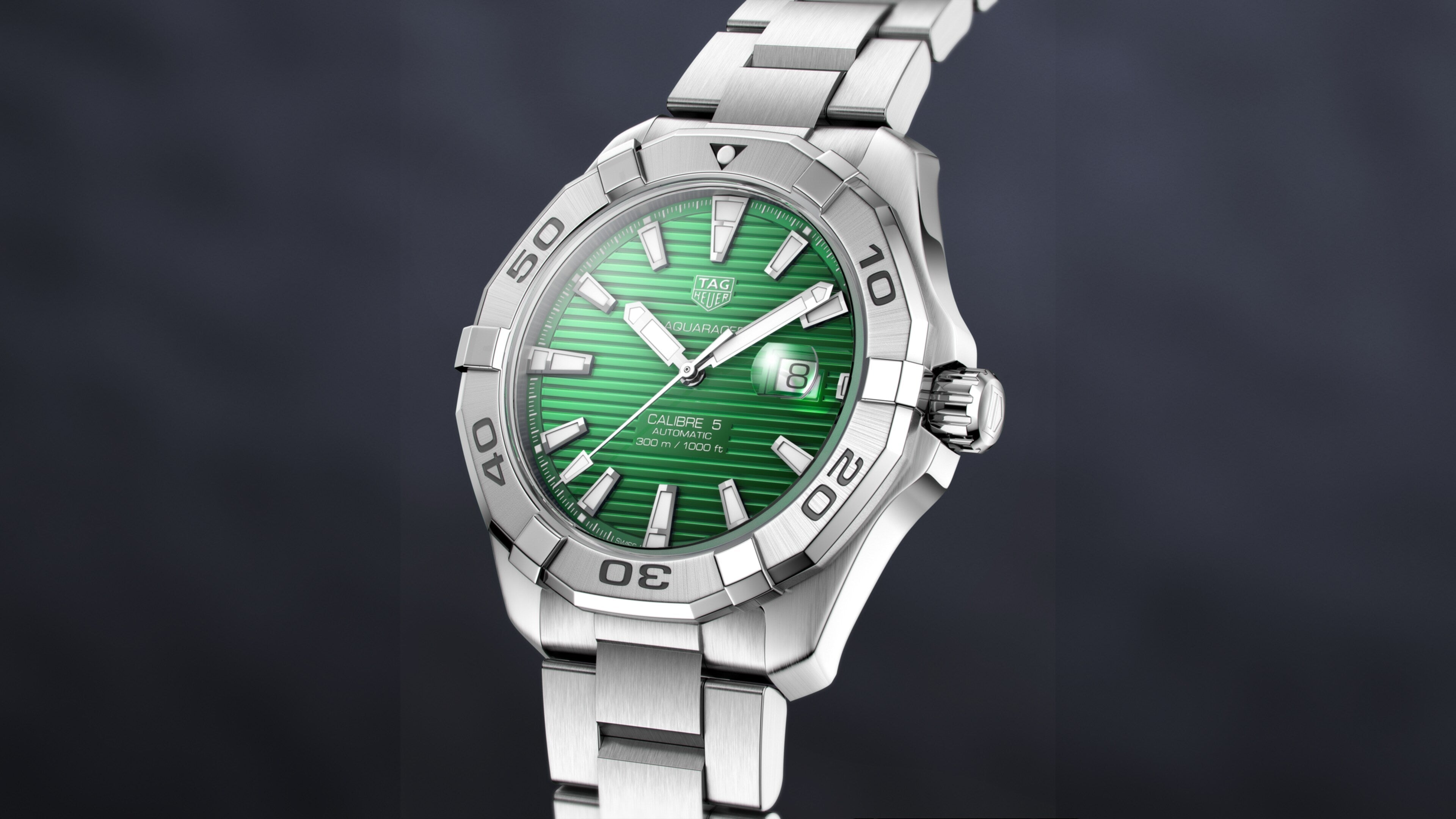 Tag Heuer Aquaracer Calibre 5 Automatic Green Dial Silver Steel Strap Watch for Men - WAY2015.BA0927 Watches Tag Heuer   