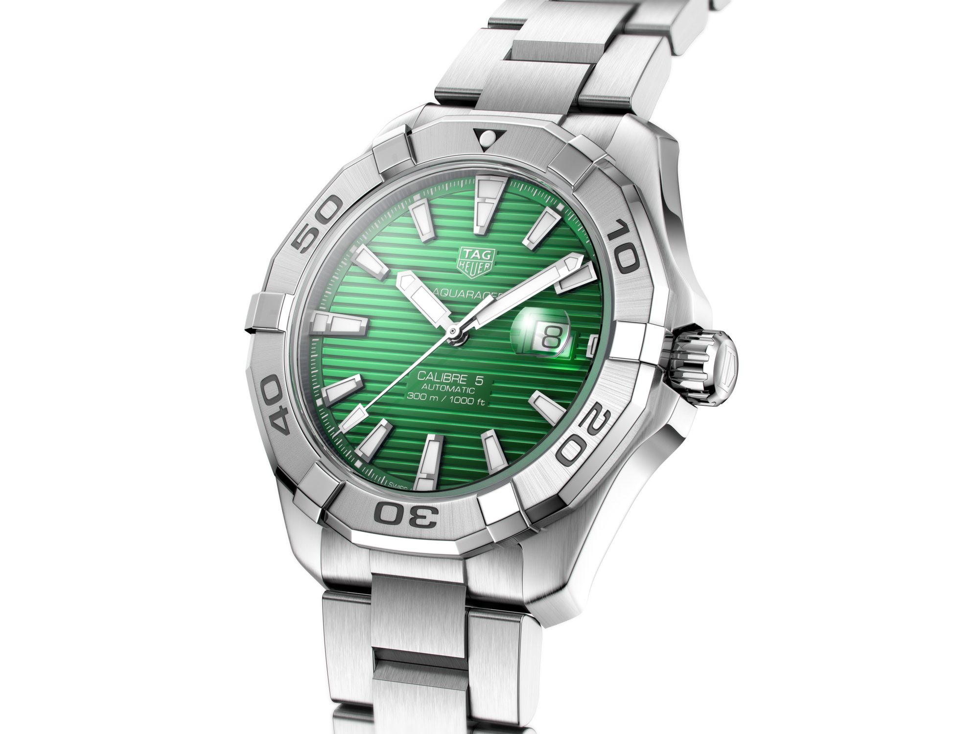 Tag Heuer Aquaracer Calibre 5 Automatic Green Dial Silver Steel Strap Watch for Men - WAY2015.BA0927 Watches Tag Heuer   