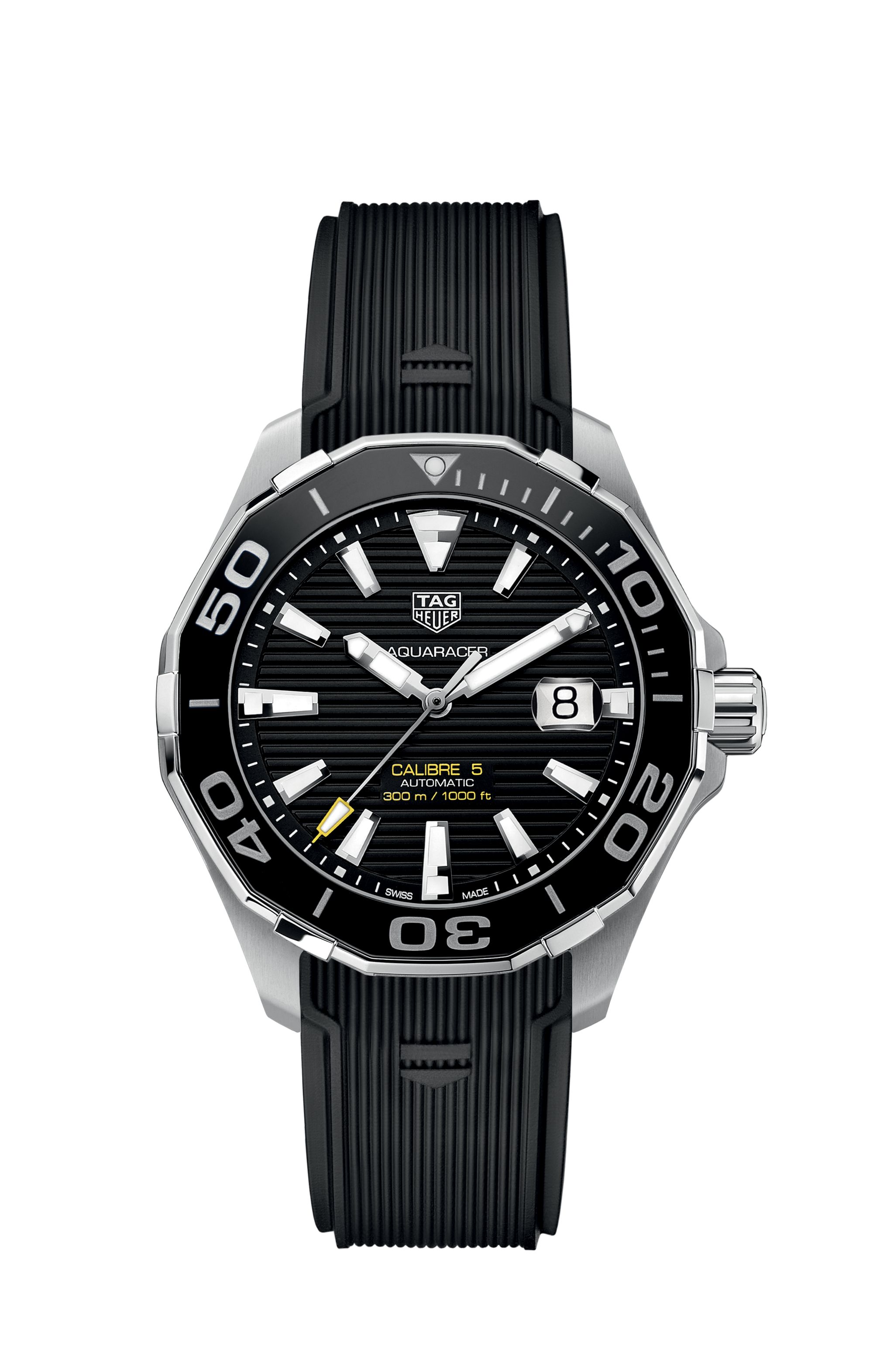 Tag Heuer Aquaracer Calibre 5 Automatic Black Dial Black Rubber Strap Watch for Men - WAY201A.FT6142 Watches Tag Heuer   