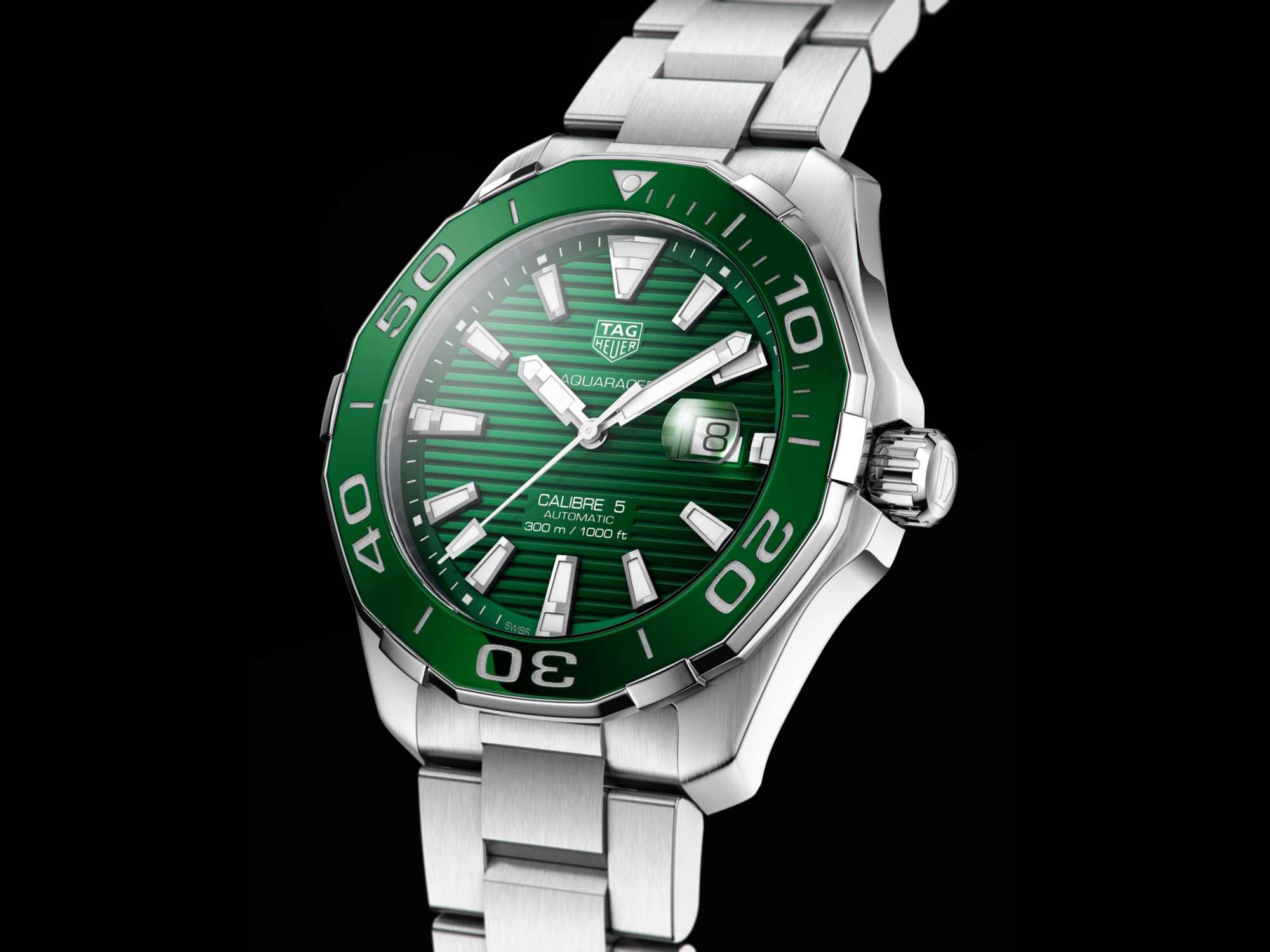 Tag Heuer Aquaracer Calibre 5 Green Dial Silver Steel Strap Watch for Men - WAY201S.BA0927 Watches Tag Heuer   