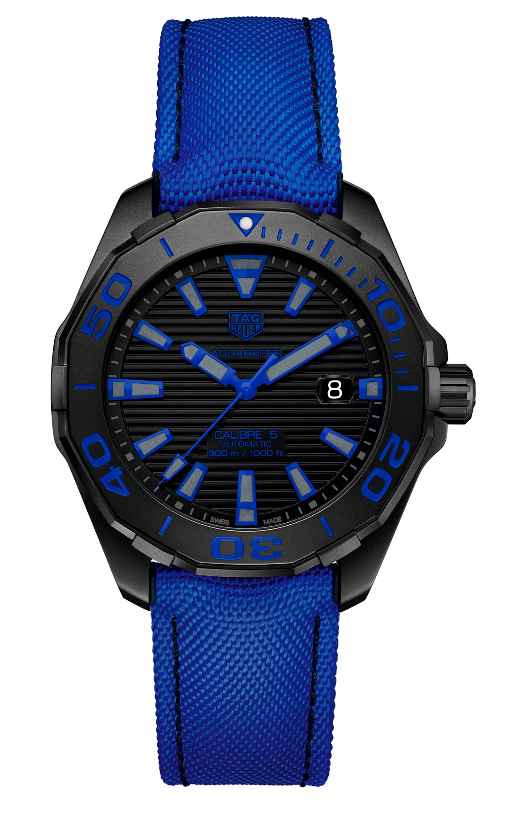 Tag Heuer Aquaracer Calibre 5 Automatic 43mm Titanium Blue Dial Blue Nylon Strap Watch for Gents - WAY208B.FC6382 Watches Tag Heuer   