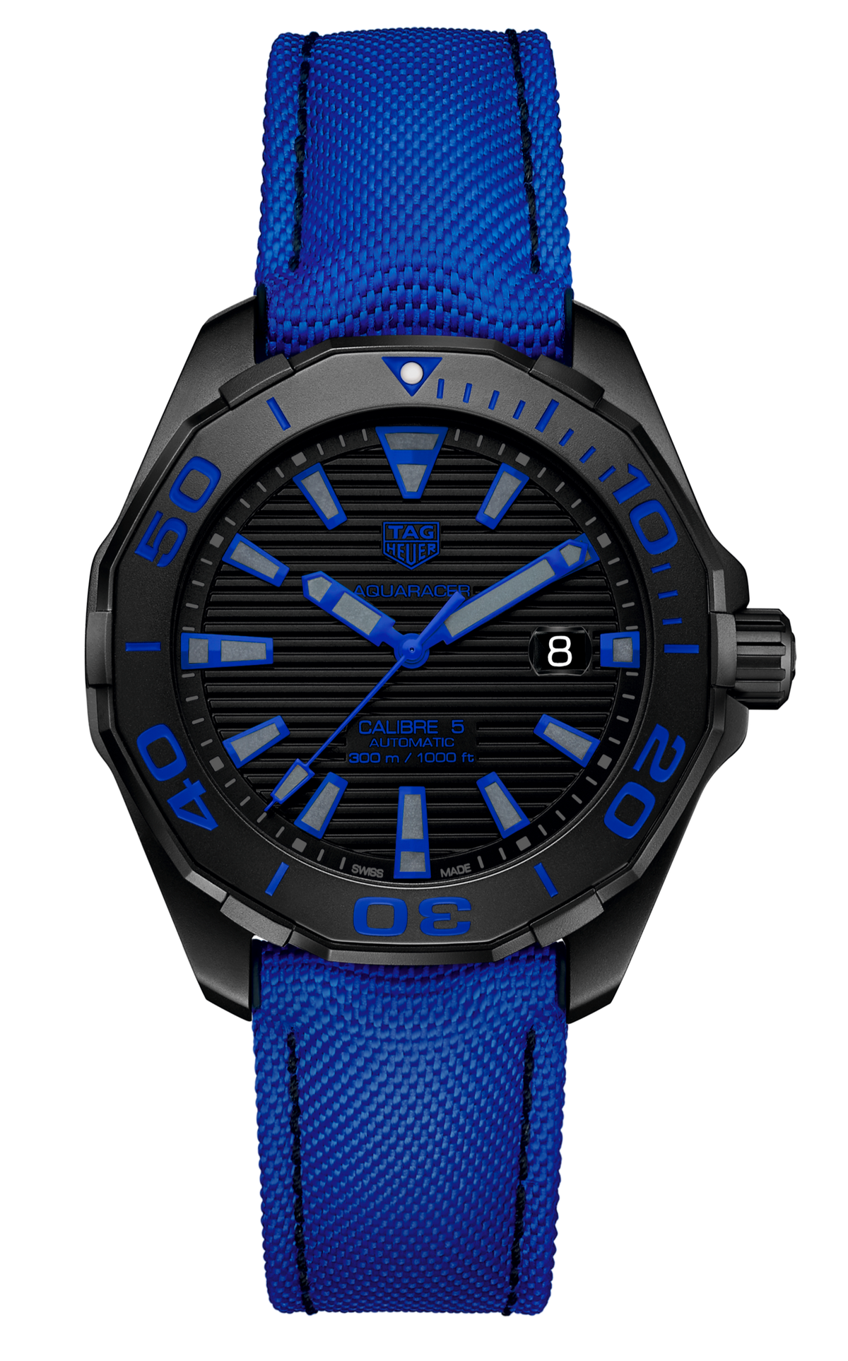 Tag Heuer Aquaracer Calibre 5 Automatic 43mm Titanium Blue Dial Blue Nylon Strap Watch for Gents - WAY208B.FC6382 Watches Tag Heuer   