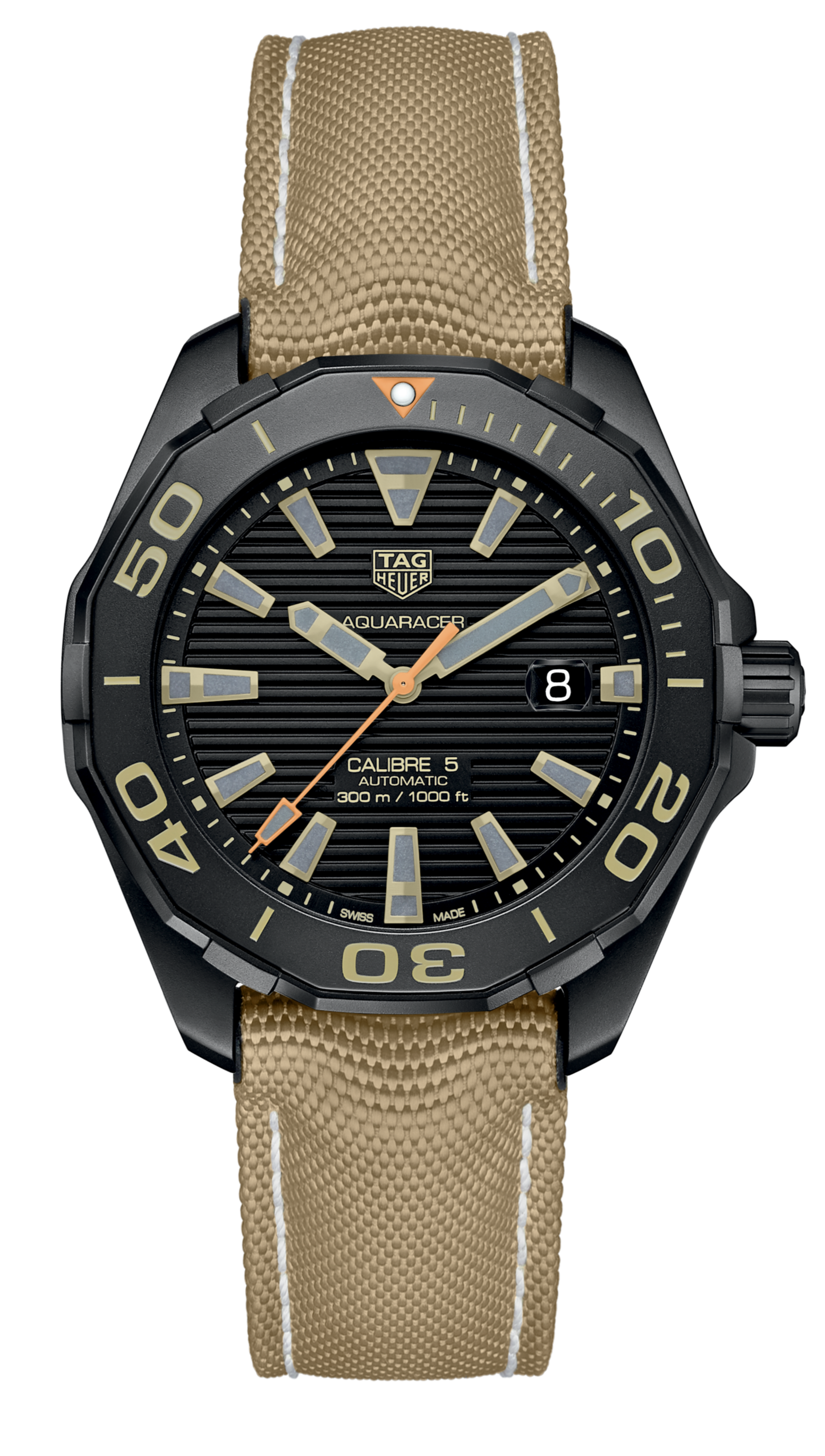 Tag Heuer Aquaracer 300 Calibre 5 43mm Automatic Black Dial Brown Fabric Strap Watch for Men - WAY208C.FC6383 Watches Tag Heuer   