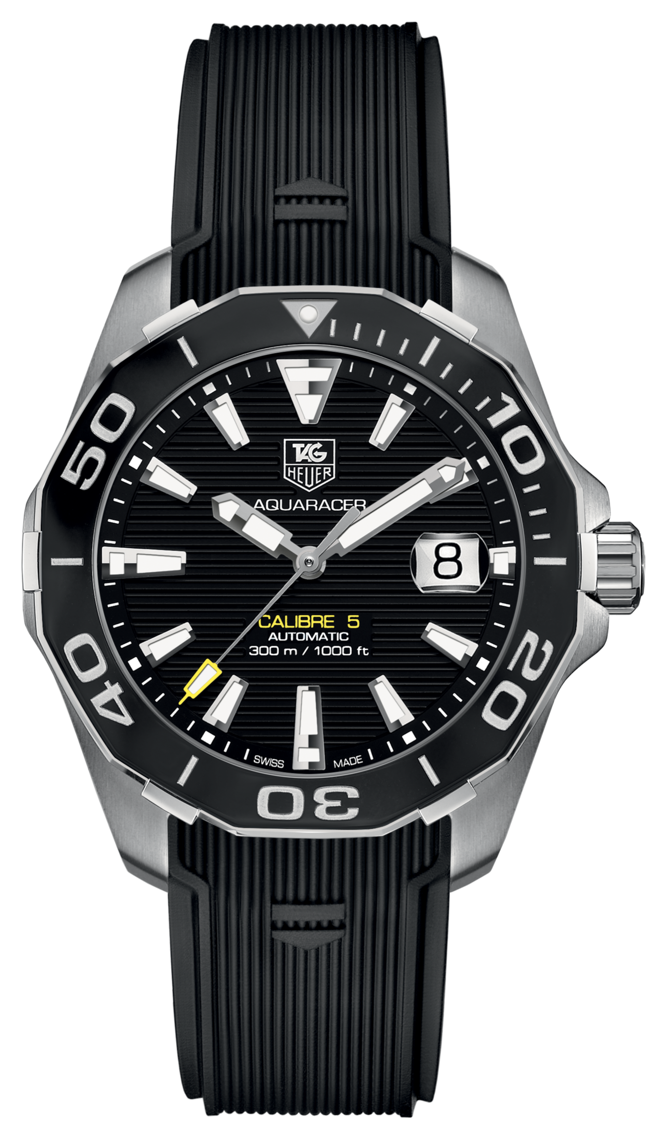 Tag Heuer Aquaracer Calibre 5 Automatic 41mm Black Dial Black Rubber Strap Watch for Men -  WAY211A.FT6151 Watches Tag Heuer   