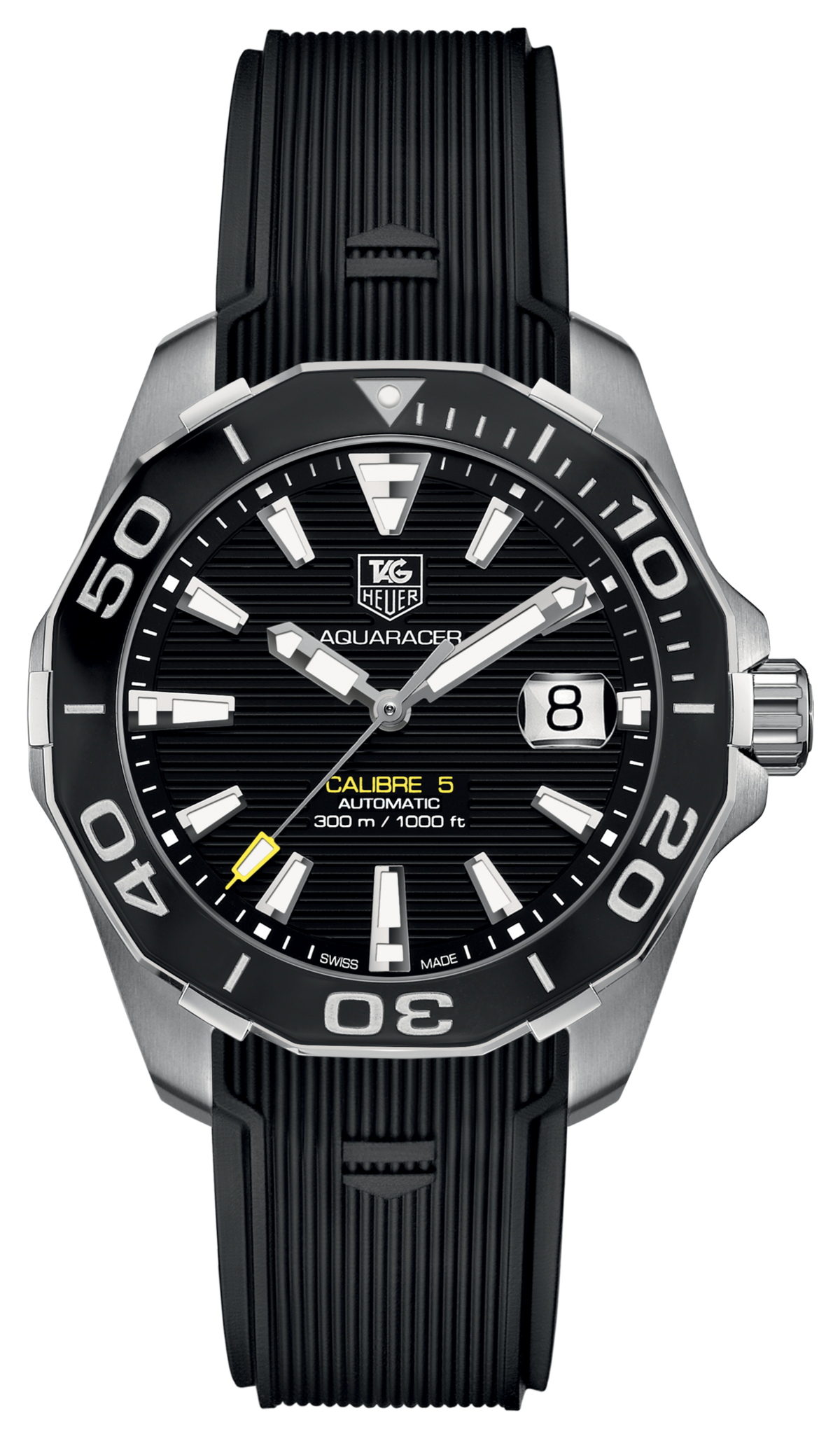 Tag Heuer Aquaracer Calibre 5 Automatic 41mm Black Dial Black Rubber Strap Watch for Men -  WAY211A.FT6151 Watches Tag Heuer   