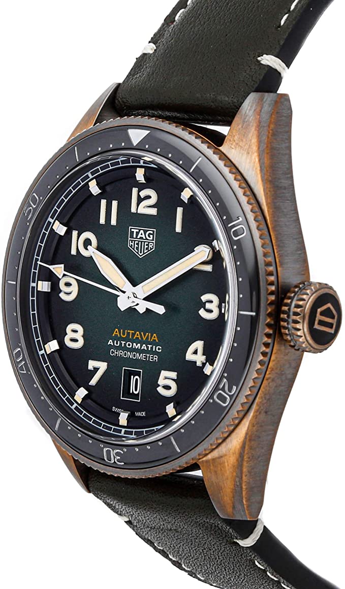 Tag Heuer Autavia Calibre 5 Automatic 42mm Olive Green Dial Leather Strap Watch for Men - WBE5190.FC8268 Watches Tag Heuer   