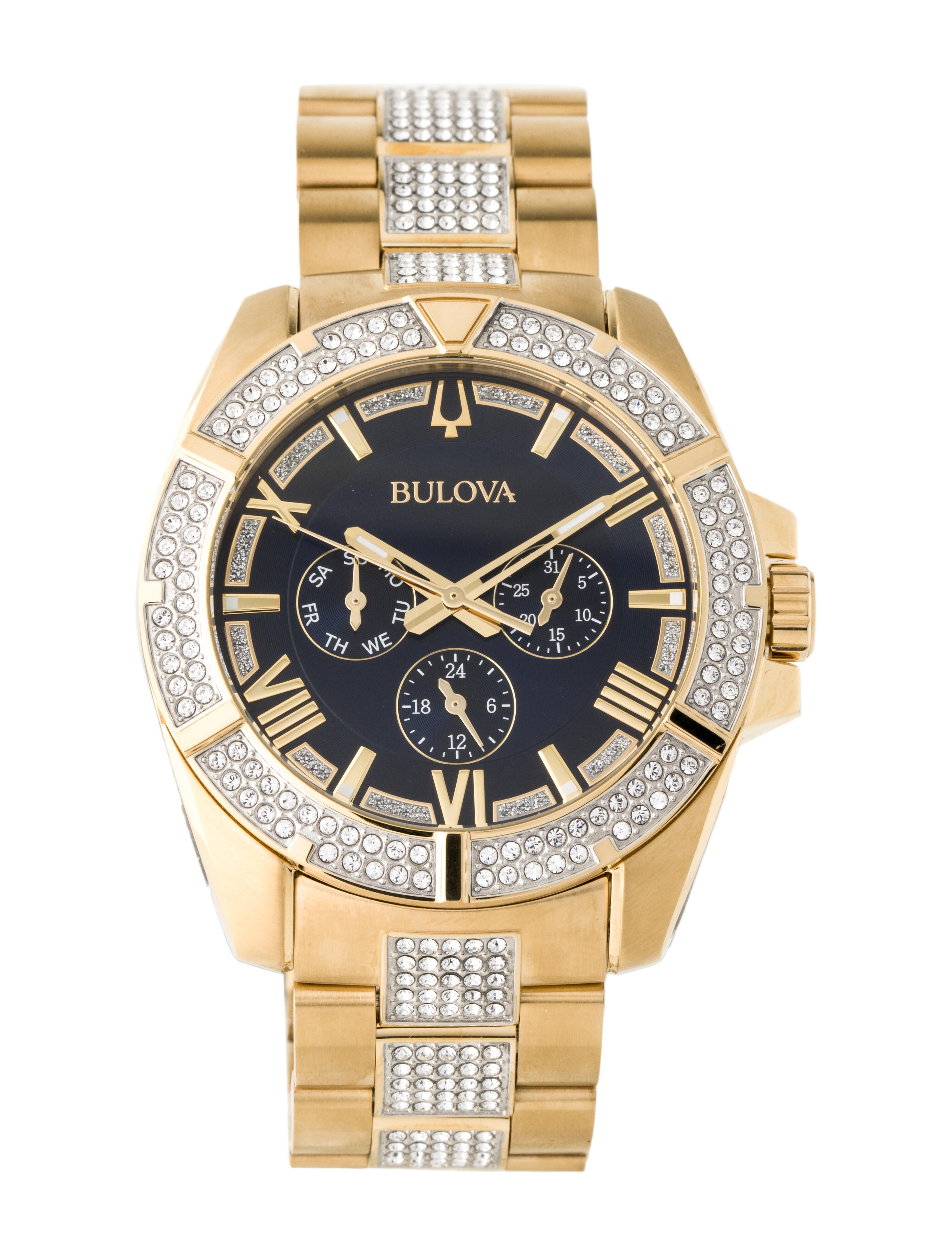 Bulova Crystal Collection Blue Dial Gold Steel Strap Watch for Men - 98C128 Watches Bulova   