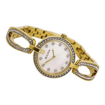 Bulova Crystal Collection Mother of Pearl Dial Gold Steel Strap Watch for Women - 98L225 Watches Bulova   