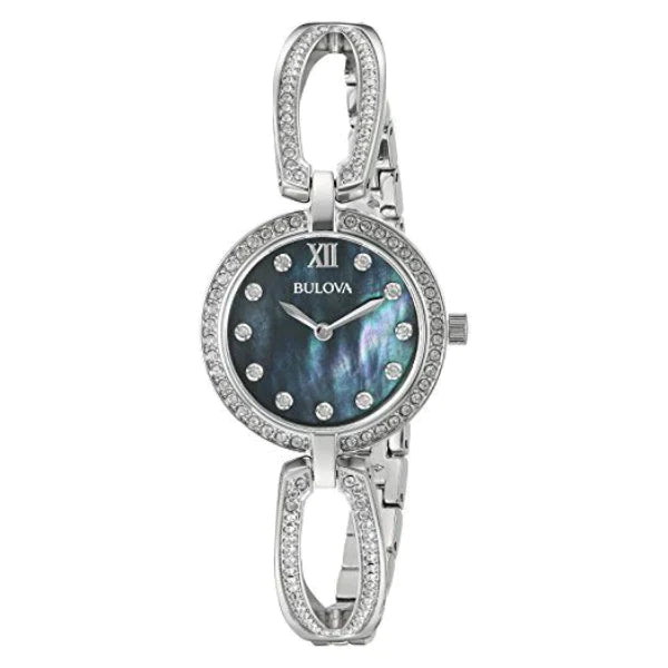 Bulova Crystal Black Mother of Pearl Dial Silver Steel Strap Watch for Women - 96L224 Watches Bulova   