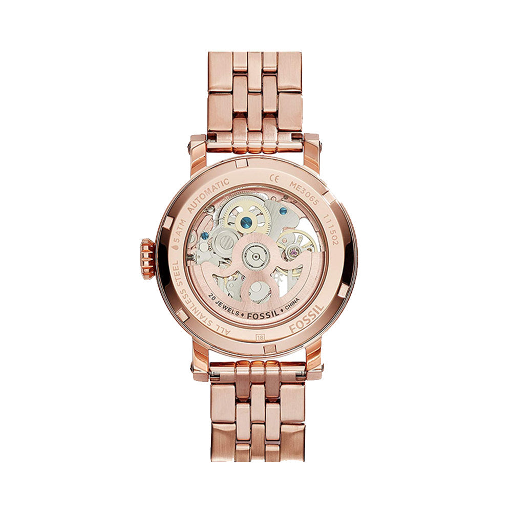 Fossil Boyfriend Automatic Skeleton Rose Gold Dial Rose Gold Steel Strap Watch for Women - ME3065 Watches Fossil   