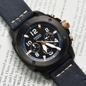 Fossil Modern Machine Chronograph Black Dial Blue Leather Strap Watch for Men - FS5066 Watches Fossil   