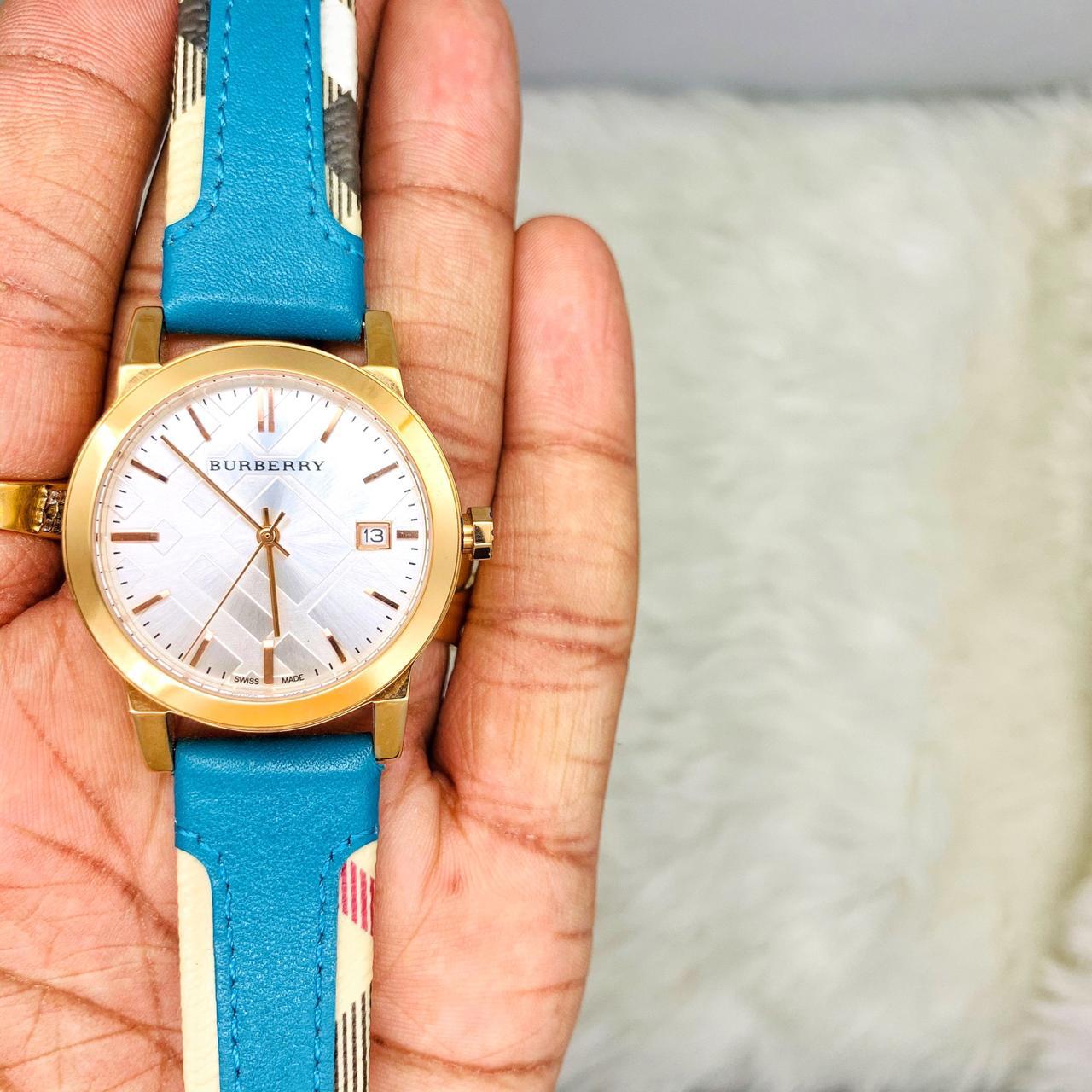 Burberry The City Gold Dial Turquoise Leather Strap Watch for Women - BU9018 Watches Burberry   