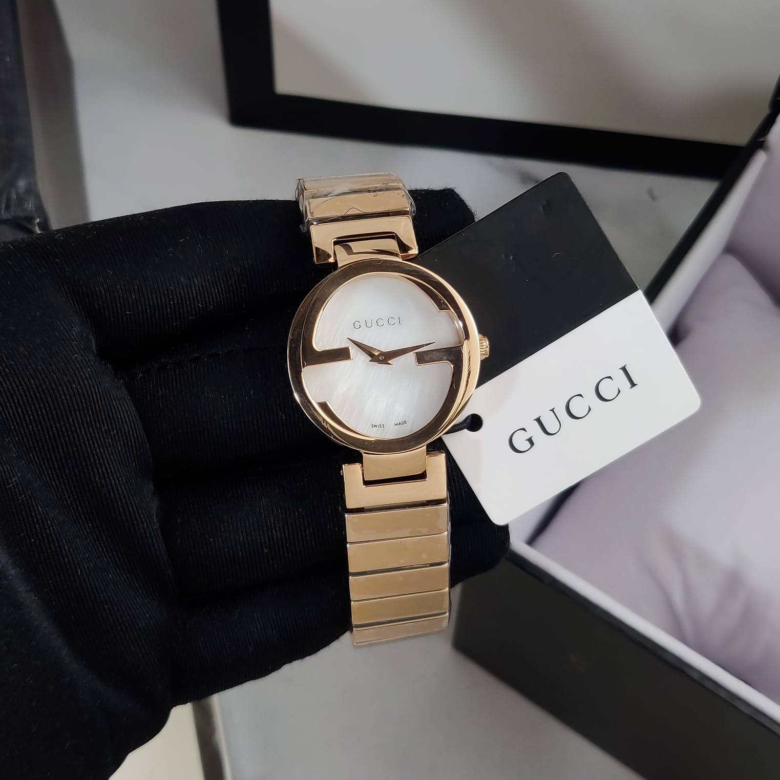 Gucci G Interlocking Mother of Pearl Dial Rose Gold Steel Strap Watch For Women - YA133515 Watches Gucci   