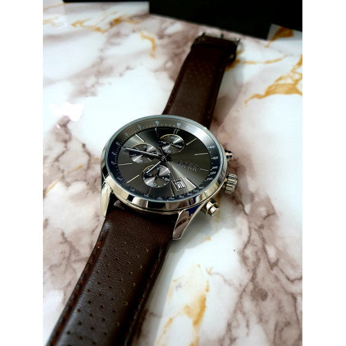 Hugo Boss Grand Prix Grey Dial Brown Leather Strap Watch for Men -  1513476 Watches Hugo Boss   