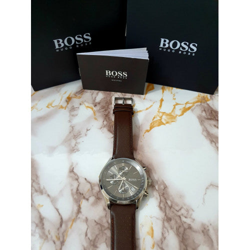 Hugo Boss Grand Prix Grey Dial Brown Leather Strap Watch for Men -  1513476 Watches Hugo Boss   