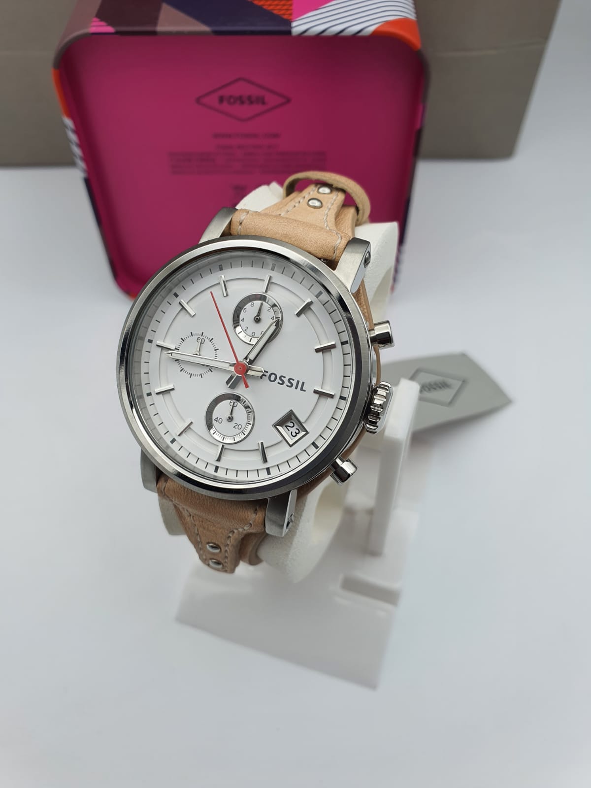 Fossil Boyfriend Chronograph White Dial Brown Leather Strap Watch for Women - ES3625 Watches Fossil   