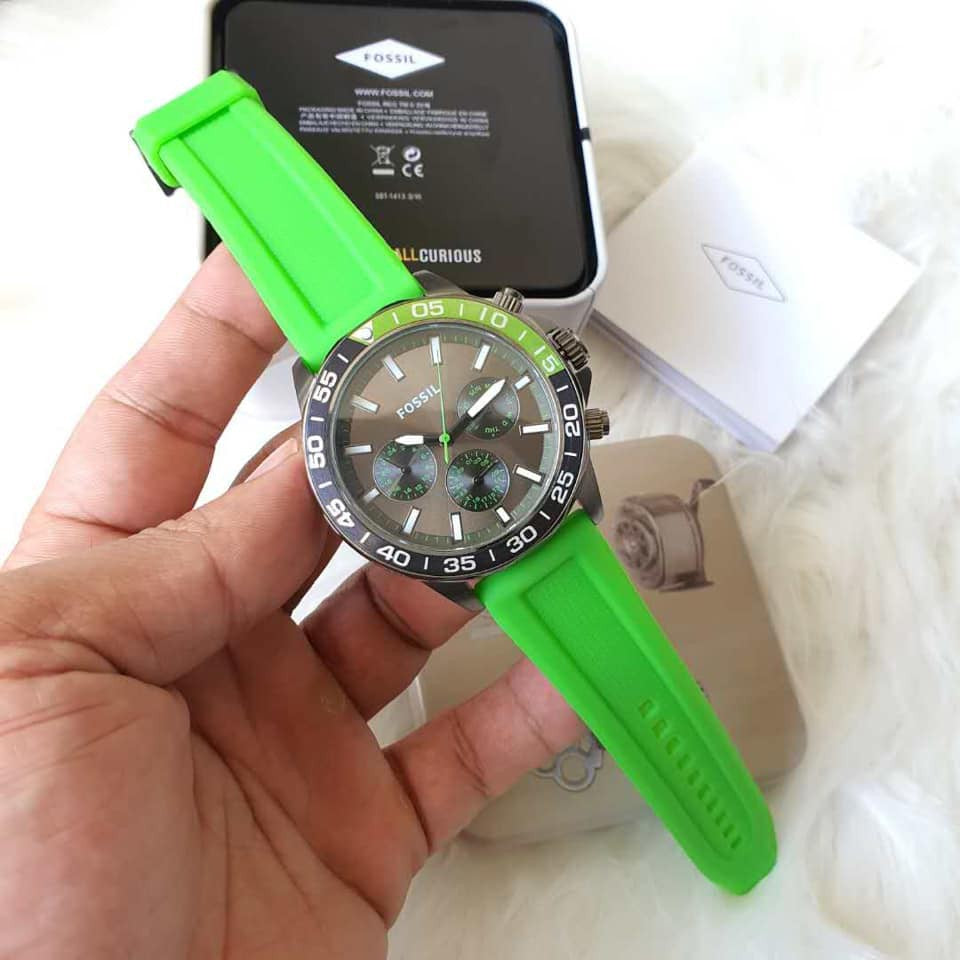 Fossil Bannon Chronograph Grey Dial Green Silicone Strap Watch for Men - BQ2501 Watches Fossil   