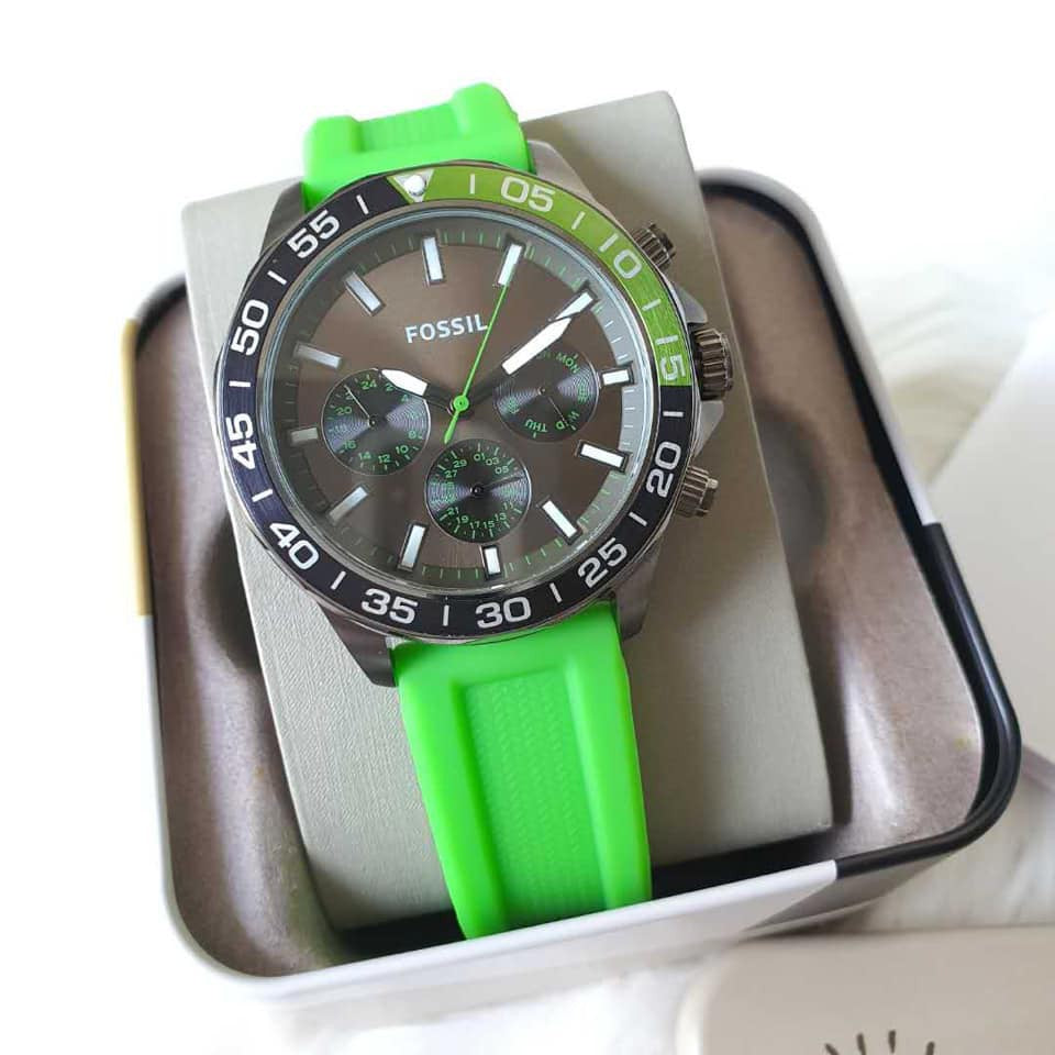 Fossil Bannon Chronograph Grey Dial Green Silicone Strap Watch for Men - BQ2501 Watches Fossil   