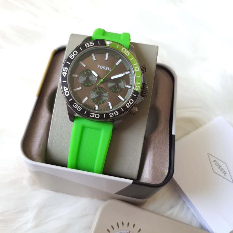 Fossil Bannon Chronograph Grey Dial Green Silicone Strap Watch for Men - BQ2501 Watches Fossil   