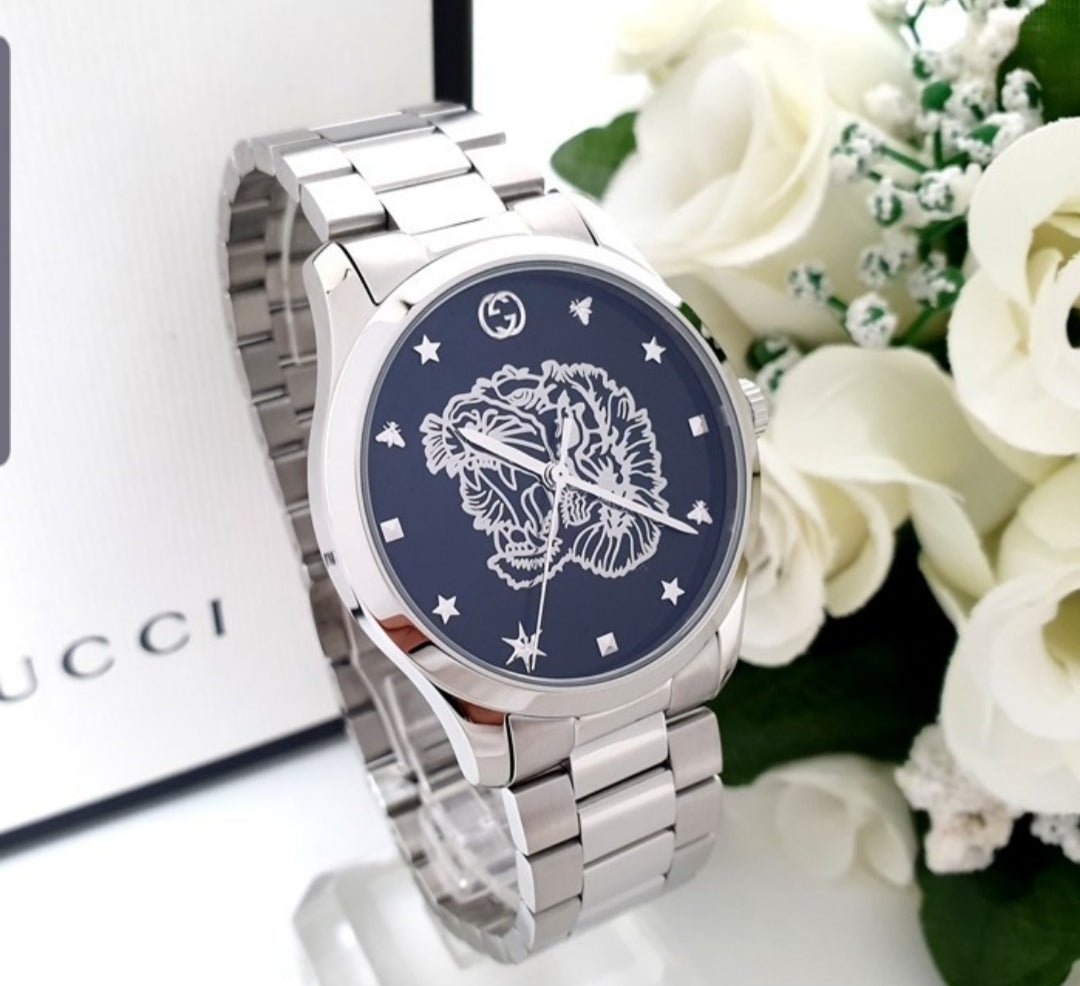 Gucci G Timeless Tiger Black Dial Silver Steel Strap Watch For Women - YA1264125 Watches Gucci   