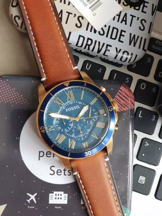 Fossil Grant Sport Chronograph Blue Dial Brown Leather Strap Watch for Men - FS5268 Watches Fossil   