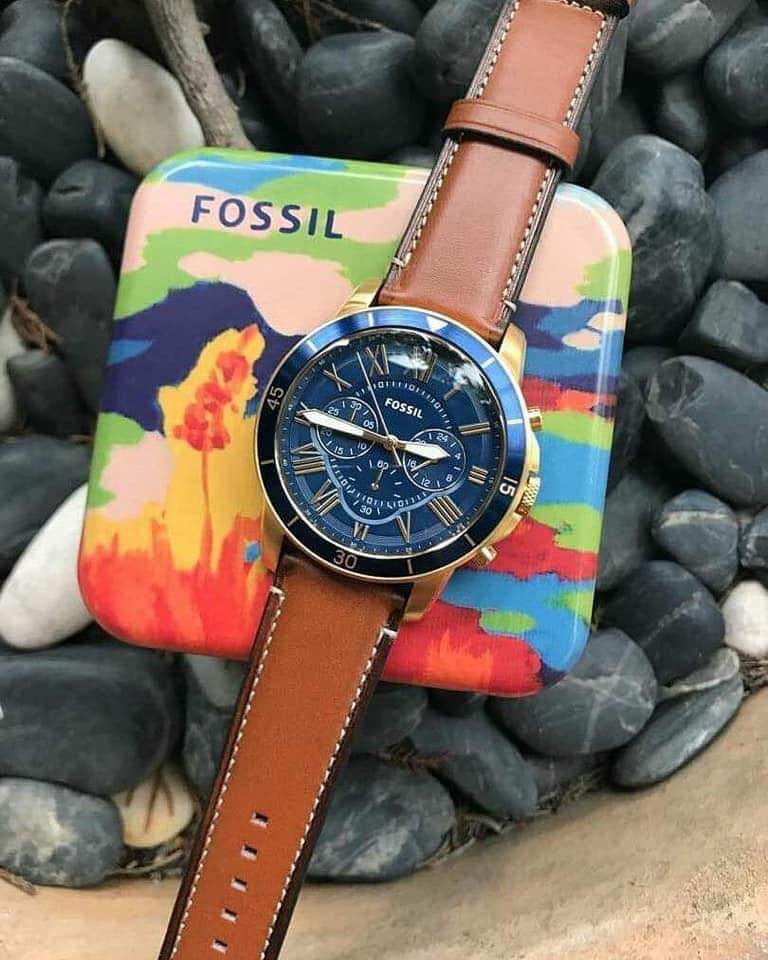 Fossil Grant Sport Chronograph Blue Dial Brown Leather Strap Watch for Men - FS5268 Watches Fossil   