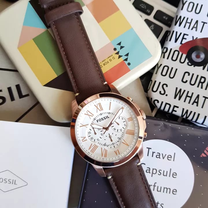 Fossil Grant Chronograph White Dial Brown Leather Strap Watch for Men - FS4991 Watches Fossil   