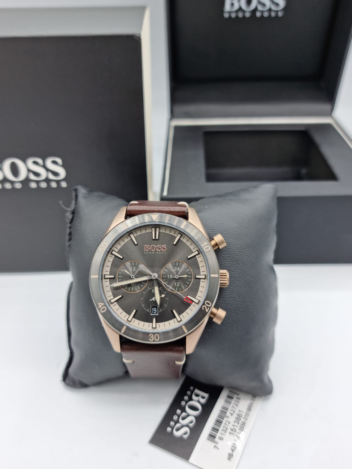 Hugo Boss Santiago Grey Dial Brown Leather Strap Watch for Men - 1513861 Watches Hugo Boss   