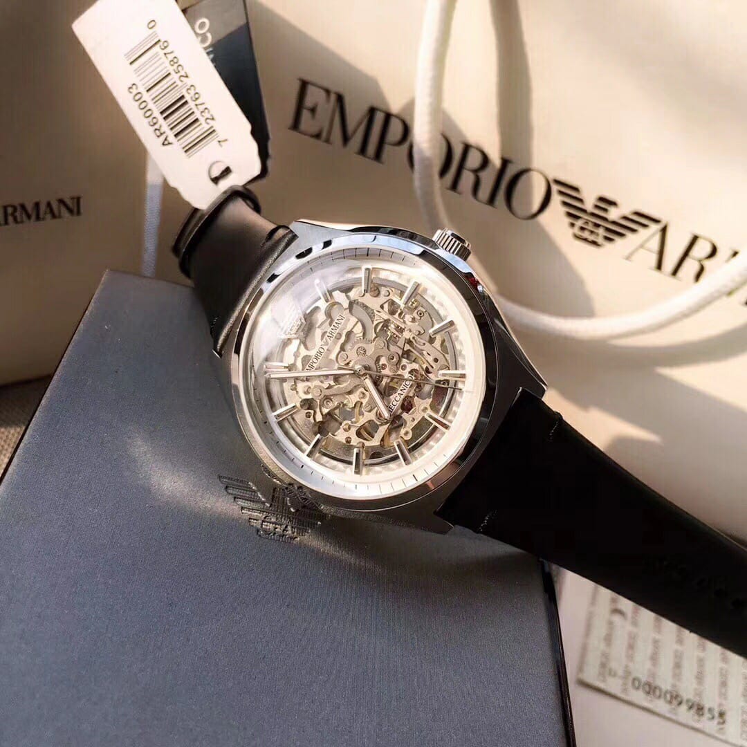 Emporio Armani Meccanico White Skeleton Dial Black Leather Strap Watch For Men - AR60003 Watches Emporio Armani   