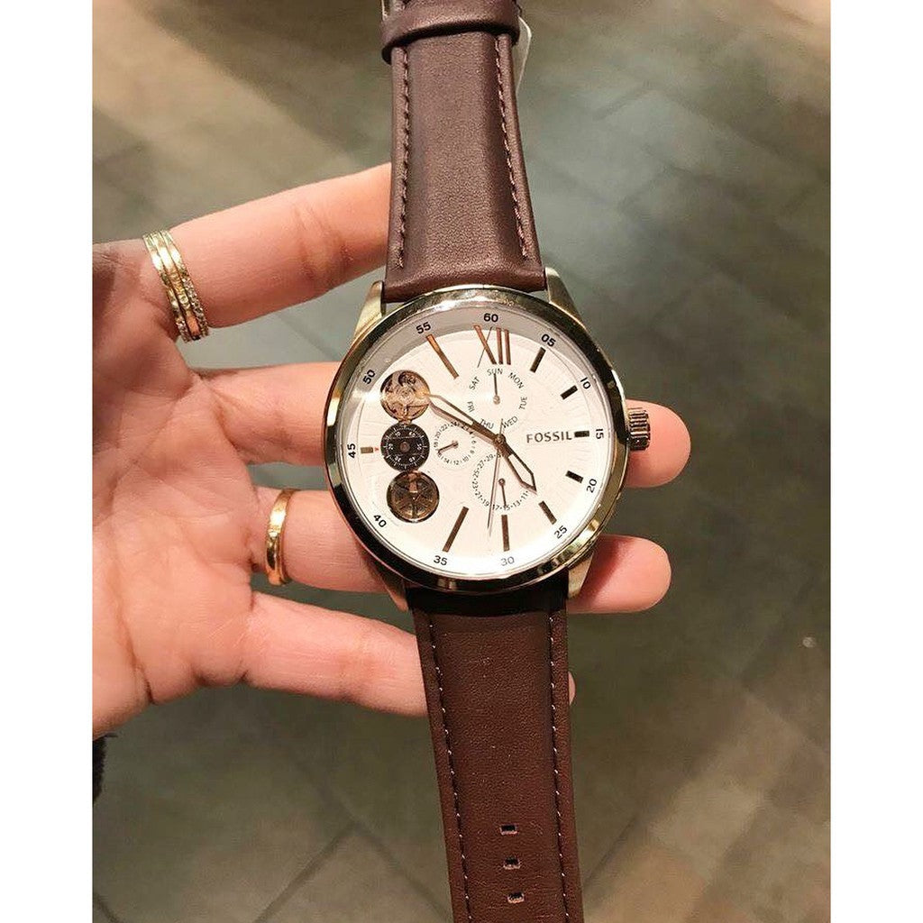 Fossil Flynn Twist Mechanical White Dial Brown Leather Strap Watch for Men - BQ2218 Watches Fossil   