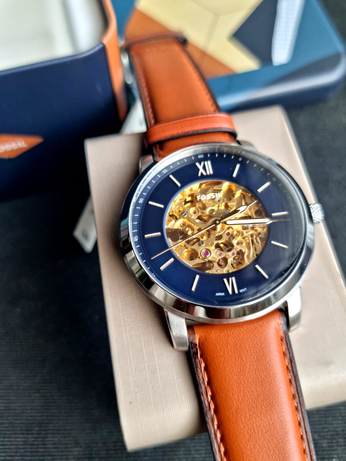 Fossil Commuter Automatic Skeleton Blue Dial Brown Leather Strap Watch for Men - ME3159 Watches Fossil   