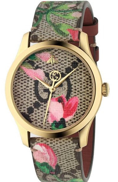 Gucci G Timeless Floral Brown Dial Brown Leather Strap Watch For Women - YA1264038 Watches Gucci   