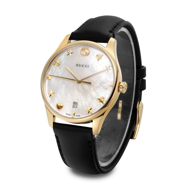 Gucci G-Timeless Mother of Pearl Dial Black Leather Strap Watch For Women - YA1264044 Watches Gucci   