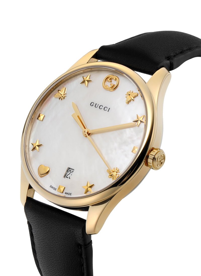 Gucci G-Timeless Mother of Pearl Dial Black Leather Strap Watch For Women - YA1264044 Watches Gucci   