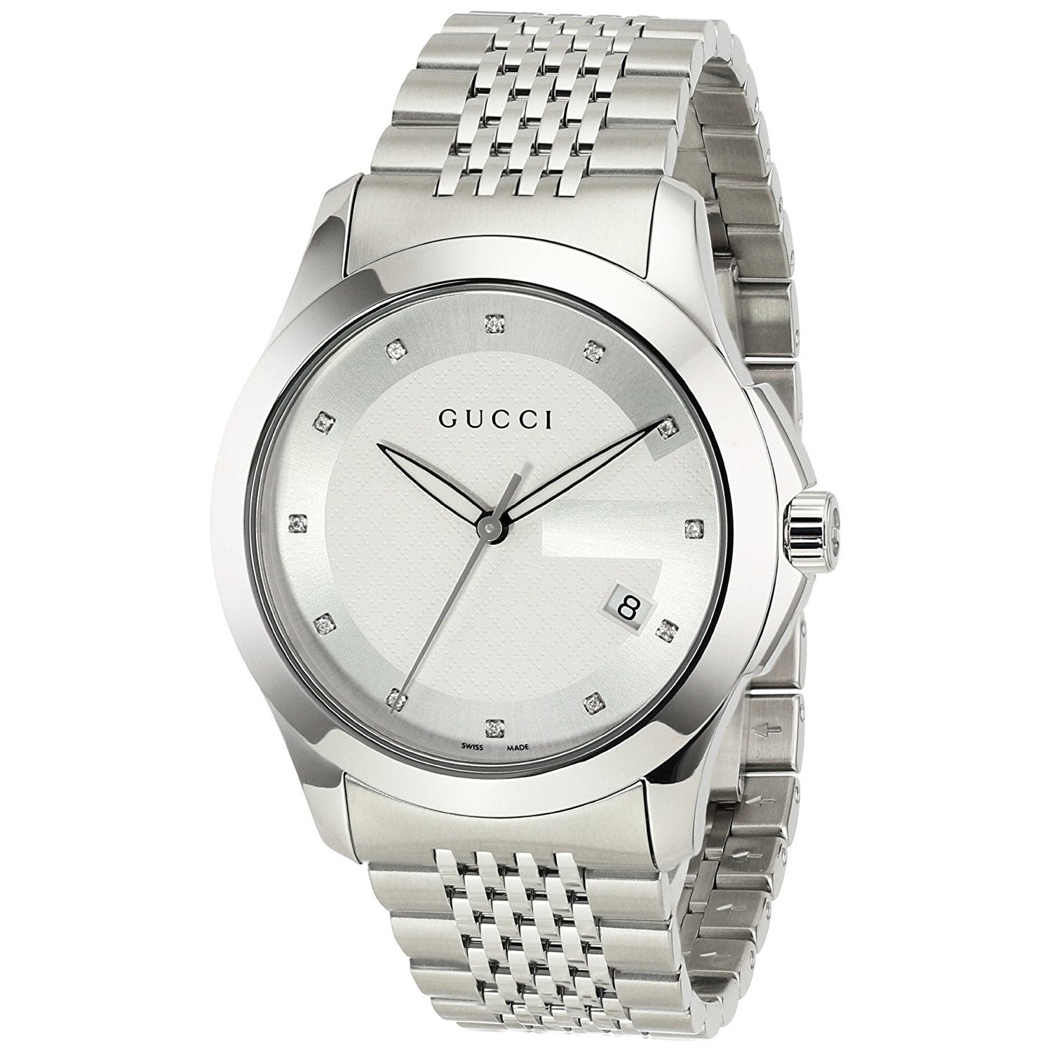 Gucci G Timeless Diamonds Silver Dial Silver Steel Strap Watch For Men - YA126404 Watches Gucci   