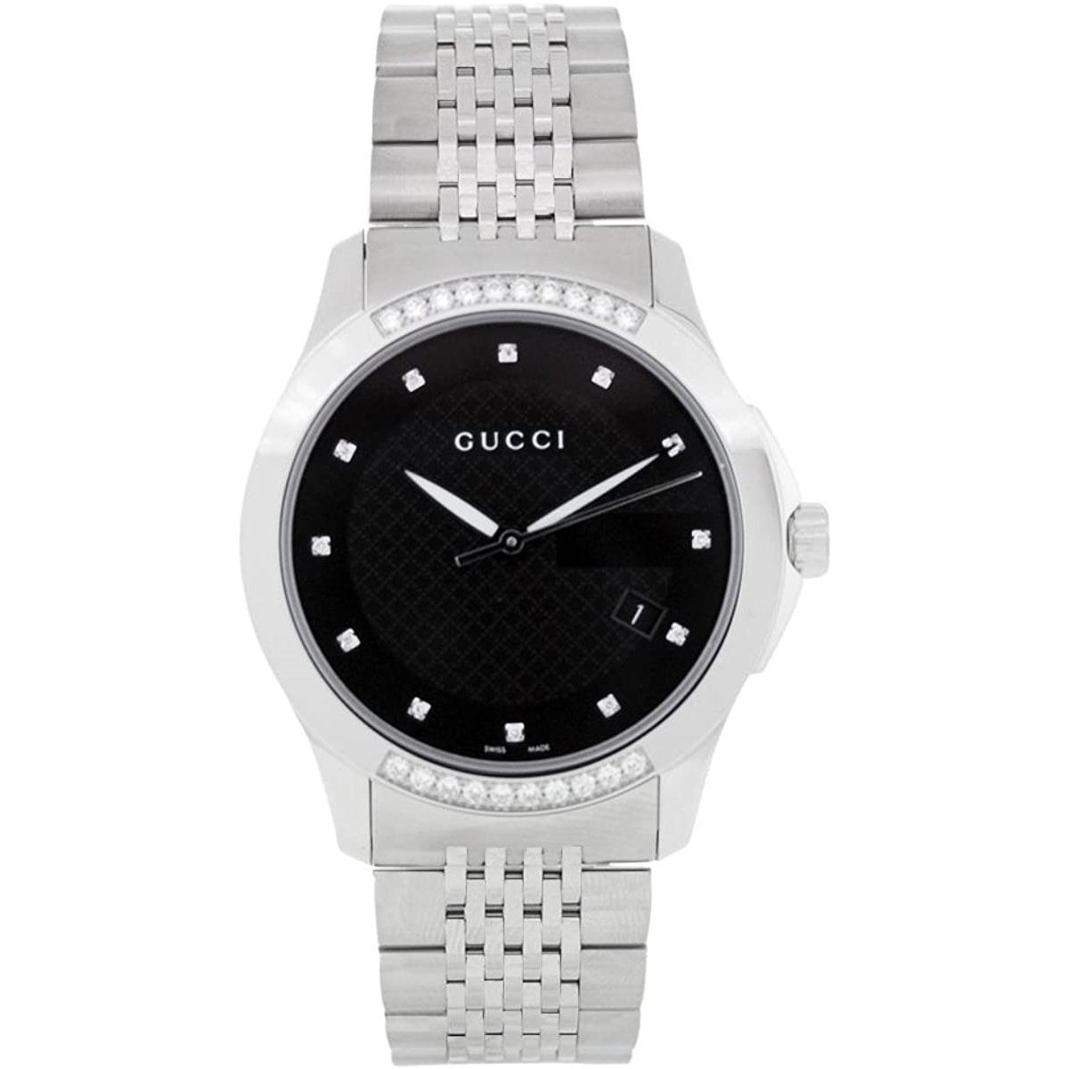 Gucci G Timeless Diamond Black Dial Silver Steel Strap Watch For Women - YA126408 Watches Gucci   