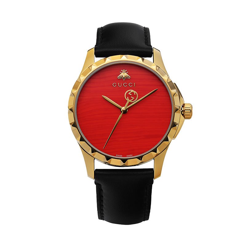 Gucci G Timeless Coral Red Dial Black Leather Strap Watch For Men - YA126464 Watches Gucci   