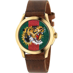 Gucci Le Marche Des Merveilles Red & Green Dial Brown Leather Strap Unisex Watch - YA126497 Watches Gucci   