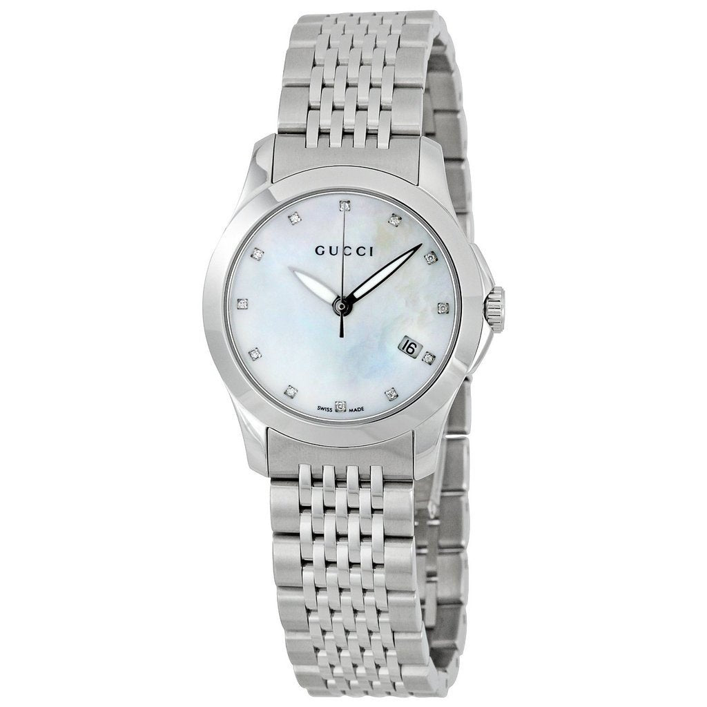 Gucci G Timeless Diamonds Mother of Pearl Dial Silver Steel Strap Watch For Women - YA126504 Watches Gucci   