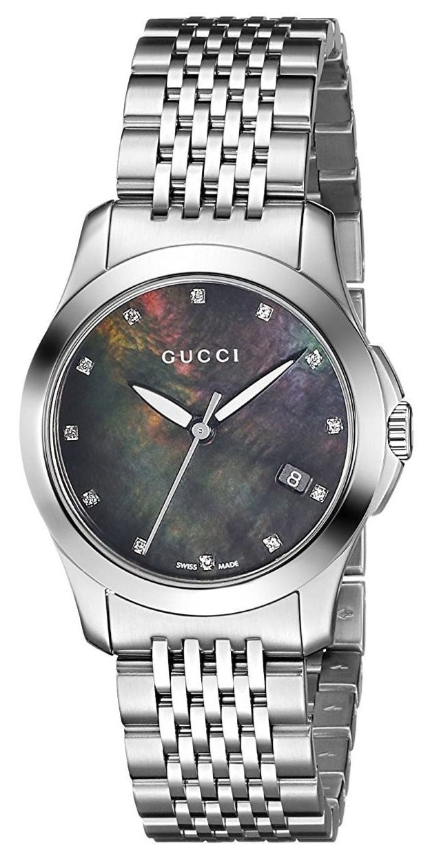 Gucci G Timeless Diamond Mother of Pearl Black Dial Silver Steel Strap Watch For Women - YA126505 Watches Gucci   