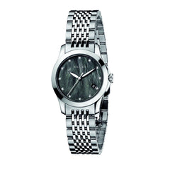 Gucci G Timeless Diamond Mother of Pearl Black Dial Silver Steel Strap Watch For Women - YA126505 Watches Gucci   