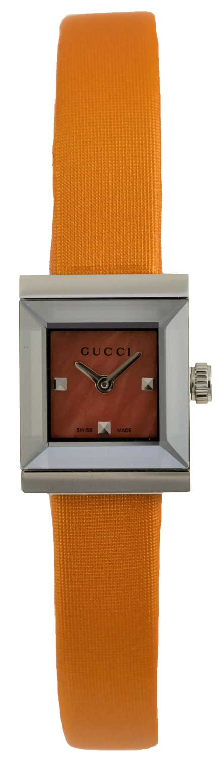 Gucci G-Frame Square Mother of Pearl Orange Dial Orange Leather Strap Watch For Women - YA128532 Watches Gucci   