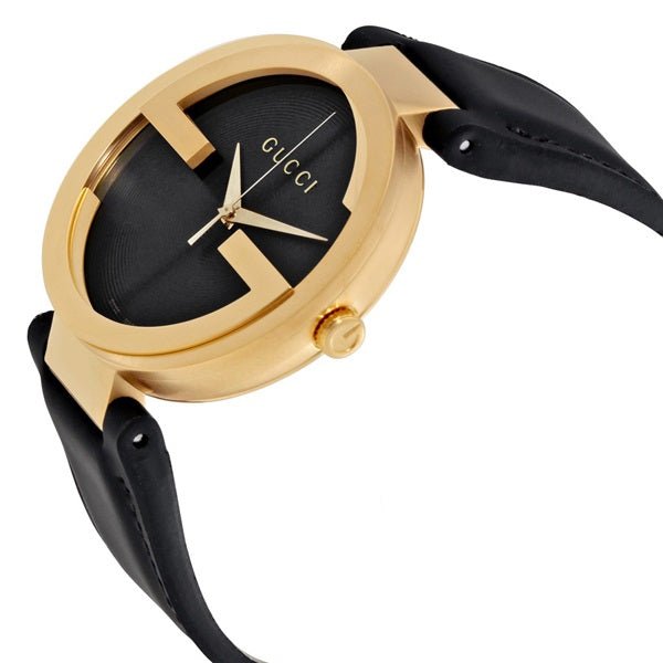 Gucci Interlocking G Gold Black Dial Black Leather Strap Unisex Watch - YA133326 Watches Gucci   