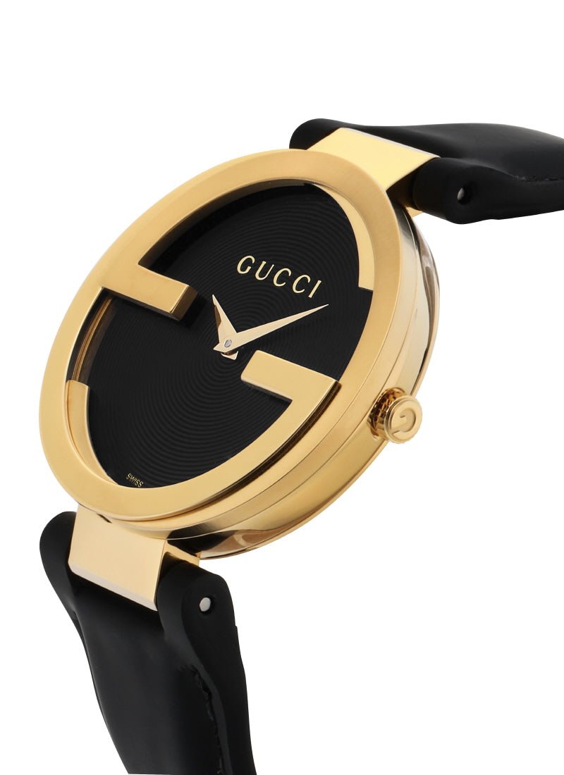 Gucci Interlocking G Gold Black Dial Black Leather Strap Unisex Watch - YA133326 Watches Gucci   