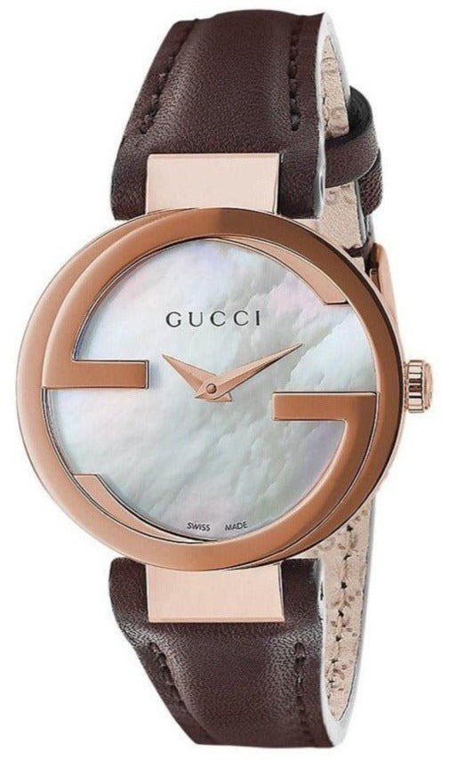 Gucci G Interlocking Mother of Pearl Dial Brown Leather Strap Watch For Women - YA133516 Watches Gucci   