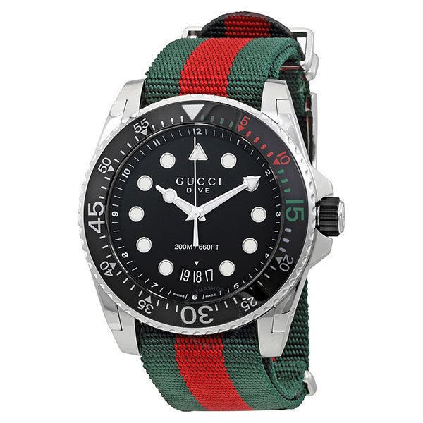 Gucci Dive Black Dial Red & Green Nylon Strap Watch For Men - YA136209 Watches Gucci   