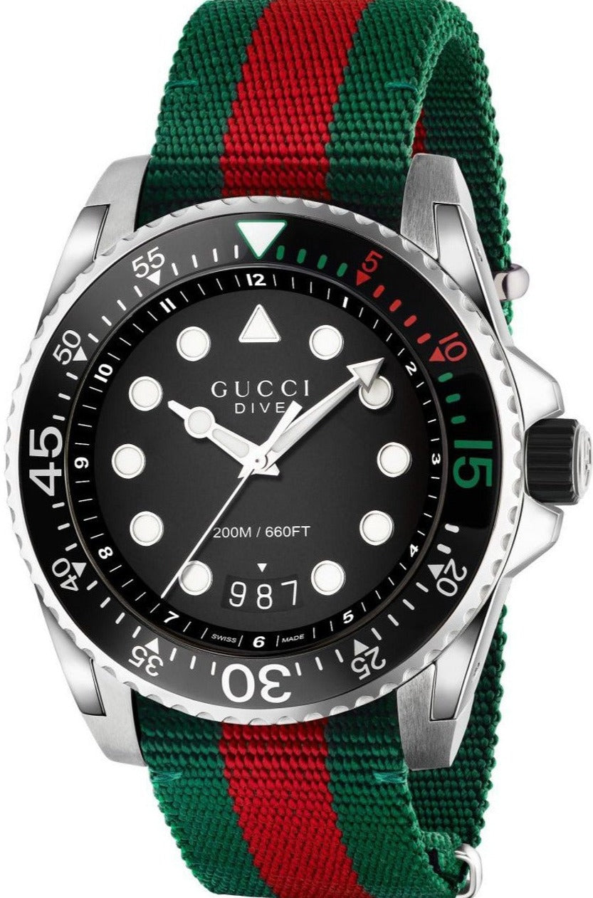 Gucci Dive Black Dial Red & Green Nylon Strap Watch For Men - YA136209 Watches Gucci   