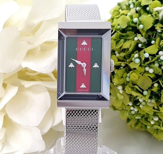 Gucci G Frame Red and Green Dial Silver Mesh Bracelet Watch For Women - YA147401 Watches Gucci   