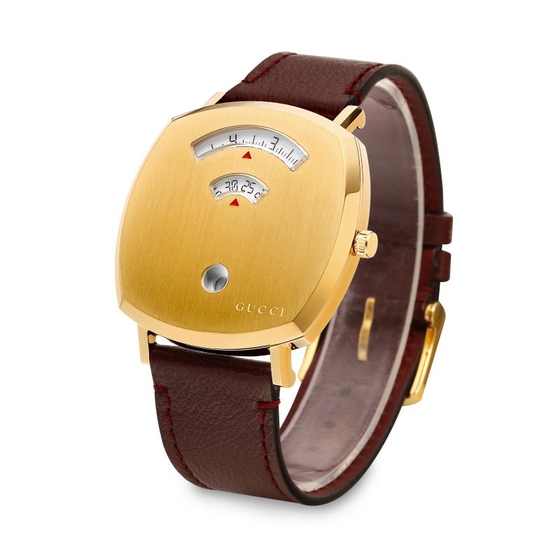 Gucci Grip Yellow Gold Dial Maroon Leather Strap Unisex Watch - YA157411 Watches Gucci   