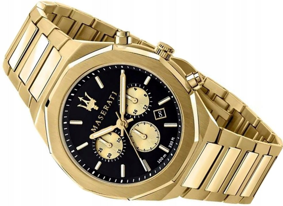 Maserati Stile 45mm Chronograph Black Dial Gold Stainless Steel Strap Watch For Men - R8873642001 Watches Maserati   